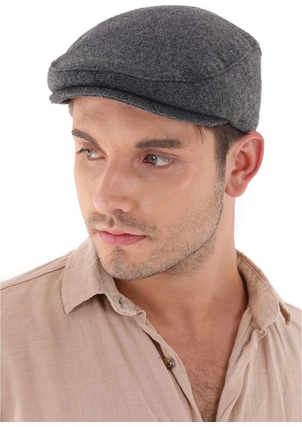 Kışlık Kaşe Şapka Yün Düz Renk Spor London Kasket -Füme