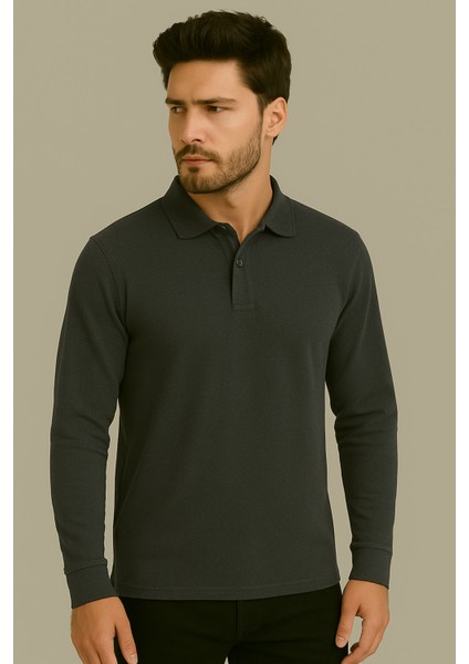 Regular Fit %100 Pamuk Polo Yaka Uzun Kollu Basic T-Shirt