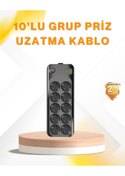 10’lu Çoklu Priz Termal Korumalı USB Type-C Çıkışlı 2500W Uzatma Kablosu