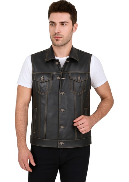 Indiana Hakiki Deri Erkek Biker Motorcu Tarzı Siyah Kot Model Yelek