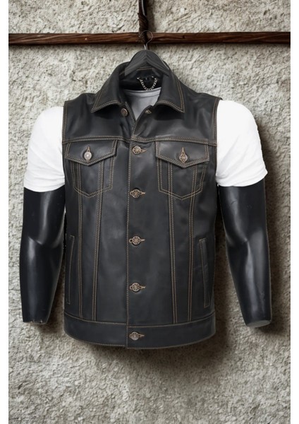 Indiana Hakiki Deri Erkek Biker Motorcu Tarzı Siyah Kot Model Yelek modelleri