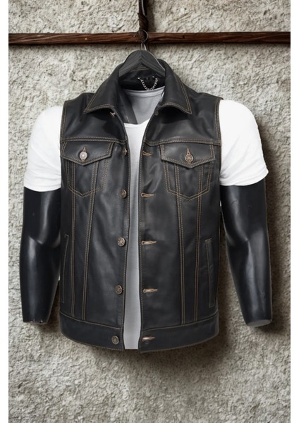 Indiana Hakiki Deri Erkek Biker Motorcu Tarzı Siyah Kot Model Yelek fırsatları
