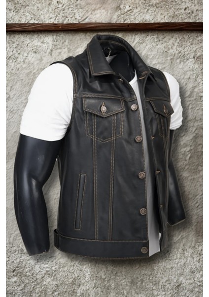 Indiana Hakiki Deri Erkek Biker Motorcu Tarzı Siyah Kot Model Yelek indirimleri