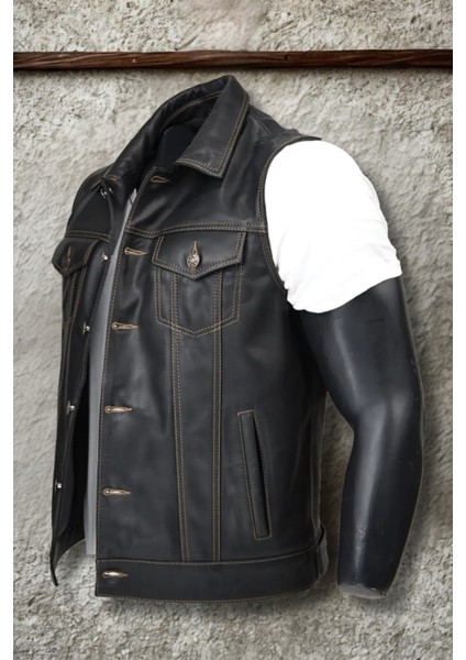Indiana Hakiki Deri Erkek Biker Motorcu Tarzı Siyah Kot Model Yelek