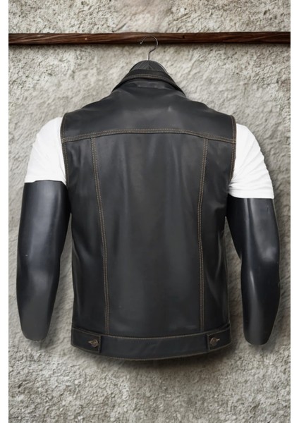 Indiana Hakiki Deri Erkek Biker Motorcu Tarzı Siyah Kot Model Yelek