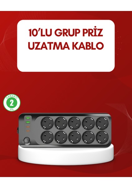 USB Type-C Destekli 10’lu Grup Priz Termal Korumalı 2m Kablo 2500W