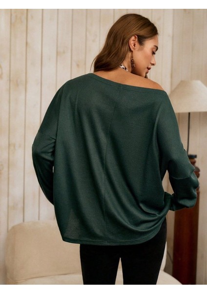 Cottonlab Kadın Tek Omuzdan Açık Yarasa Kollu Waffle Bluz fırsatları