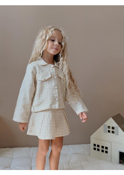 Kız Çocuk Tüvit Kumaş Ceket Etek 2li Takım Şık Özel Gün Gündelik