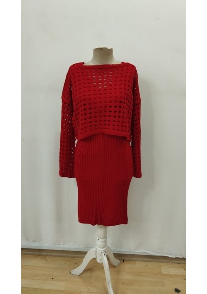 Kadın Uzun Kollu Delikli Kazak Askılı Elbise Triko Ikili Takım fırsatları