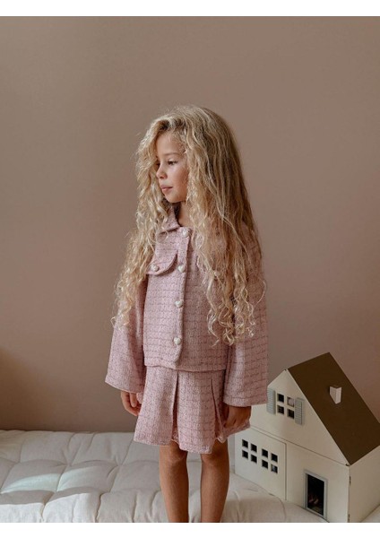 Kız Çocuk Tüvit Kumaş Ceket Etek 2li Takım Şık Özel Gün Gündelik