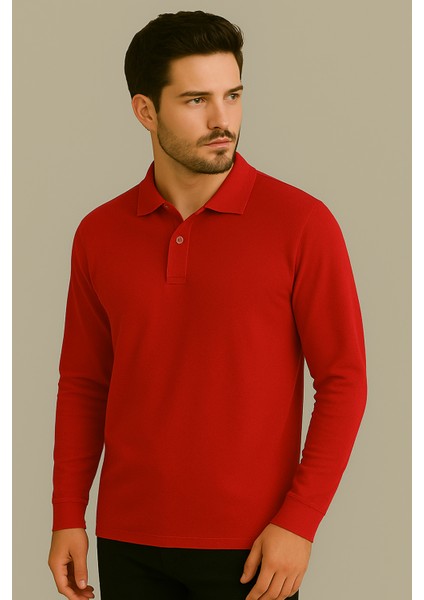 Regular Fit %100 Pamuk Polo Yaka Uzun Kollu Basic T-Shirt