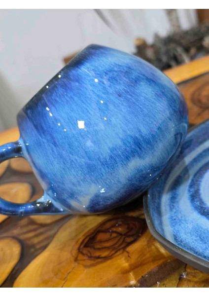 🔹 El Yapımı Stoneware Okyanus Mavi Kahve Fincanı & Tabak Takımı – Organik Form – Handmade fiyatları