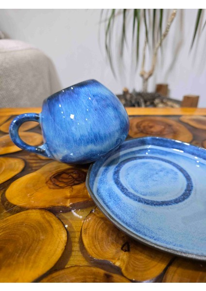 🔹 El Yapımı Stoneware Okyanus Mavi Kahve Fincanı & Tabak Takımı – Organik Form – Handmade fırsatları
