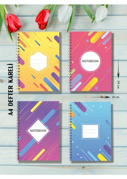 A4 Spiralli Karton Kapak - 4’lü Set - Kareli - Okul Defteri - 80 Yaprak