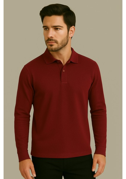 Regular Fit %100 Pamuk Polo Yaka Uzun Kollu Basic T-Shirt