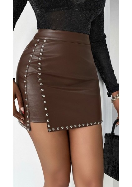 Cottonlab Kadın Yüksek Belli Yandan Çivili Mini Deri Etek fırsatları