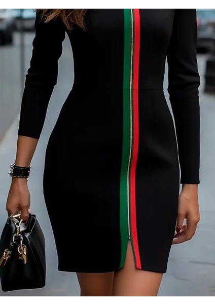 Cottonlab Kadın Uzun Kollu Önden Tam Boy Fermuarlı Renkli Şerit Detaylı Viskon Iki Iplik Mini Elbise modelleri