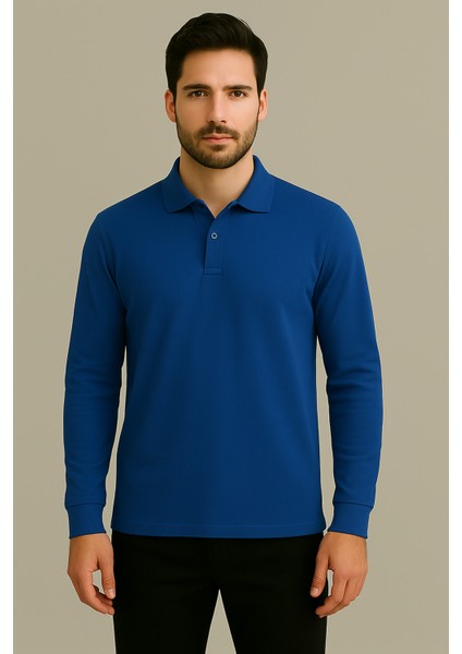 Regular Fit %100 Pamuk Polo Yaka Uzun Kollu Basic T-Shirt
