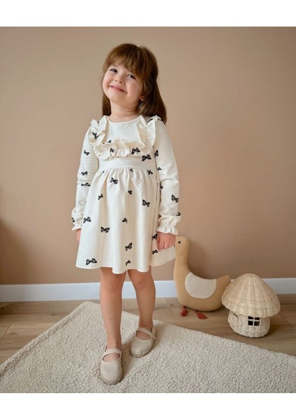 Kız Çocuk Kelebek Desenli %100 Pamuklu Elbise