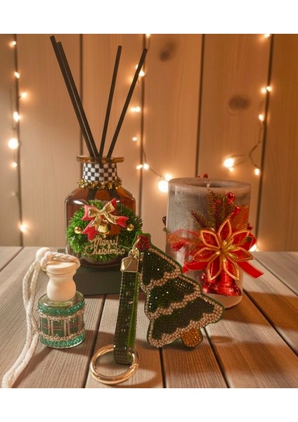 Yeni Yıl Hediye Seti 140 ml Oda Kokusu Dekoratif Mum Taşlı Araç Kokusu Taşlı Anahtarlık