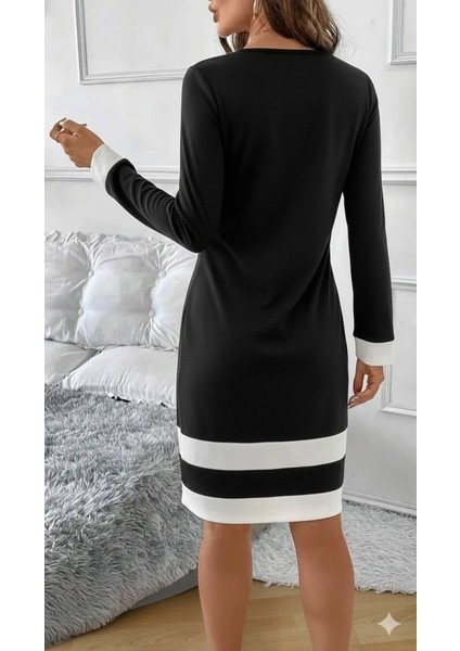 Cottonlab Kadın Uzun Kollu Yuvarlak Yaka Etek Ucu Şerit Detaylı Mini Siyah Beyaz Dalgıç Elbise modelleri