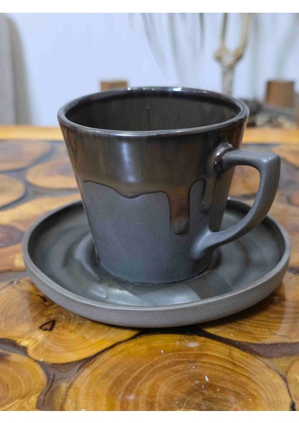 El Yapımı Taş Seramik Kahve Fincanı ve Tabağı – Mat Siyah/gri – Sanatsal Akış Sırlama fiyatları
