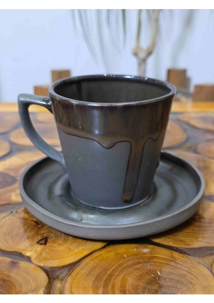 El Yapımı Taş Seramik Kahve Fincanı ve Tabağı – Mat Siyah/gri – Sanatsal Akış Sırlama fırsatları