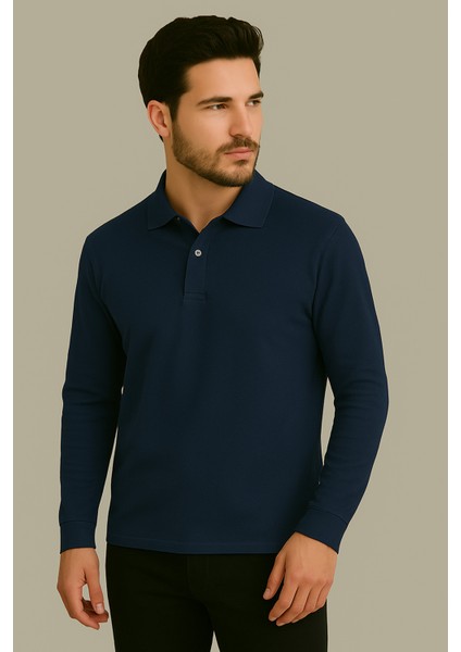 Regular Fit %100 Pamuk Polo Yaka Uzun Kollu Basic T-Shirt