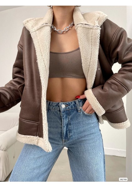 Peluş Kürk Astarlı Fermuarlı Cepli Ceket