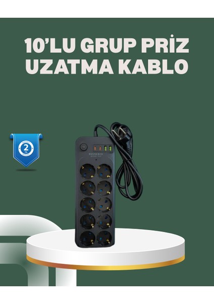 Termal Koruma Sistemli USB Type-C 10’lu Grup Priz 2m 2500W Güç Kapasiteli