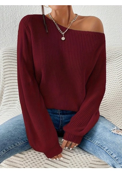 Cottonlab Kadın Uzun Kollu Tek Omuzu Açık Detaylı Triko Bluz