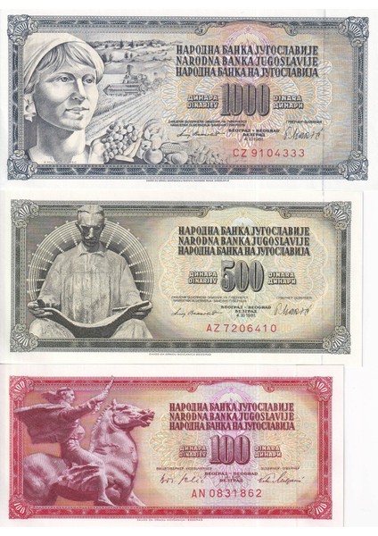 Yugoslavya 1000-500-100 Dinar Yabancı Kağıt Para Seti ‘ 3 Parça ‘ Çil ( Unc ) Koleksiyon Para