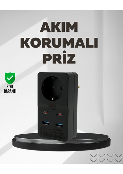 Tip Akım Koruma Prizi 10A 2500W USB Type C Destekli