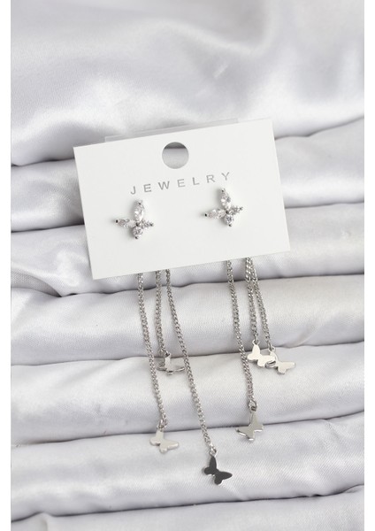 Kelebek Model Gümüş Renk Pirinç Sallantılı Kadın Küpe - Lisinya