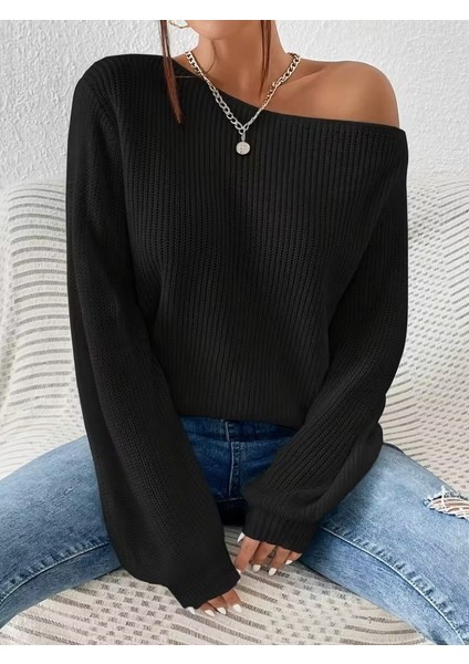Cottonlab Kadın Uzun Kollu Tek Omuzu Açık Detaylı Triko Bluz