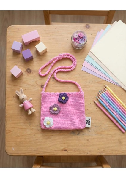 El Örgüsü Kız Çocuk Omuz Çantası - Pinky Bloom - 3D Çiçekli - Pembe