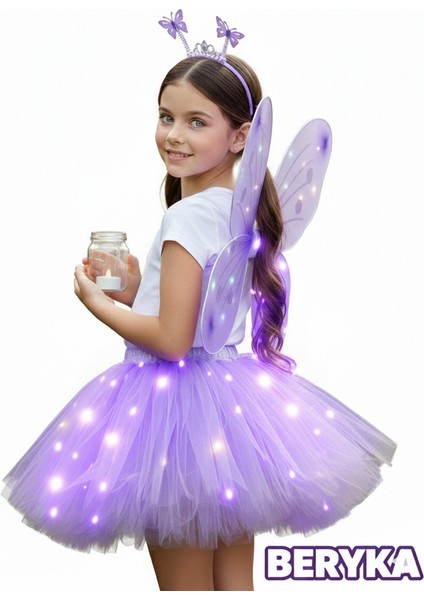 2-10 Yaş Kız Çocuk LED Işıklı Kelebek Kanat Peri Kostüm Seti