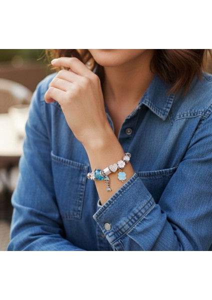 Kadın Balık ve Yonca Detaylı Çelik Pandora Bileklik