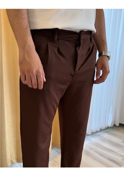 Kahve Poliviskon Çift Pileli Kumaş Pantolon