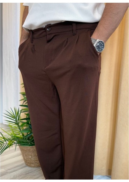 Kahve Poliviskon Çift Pileli Kumaş Pantolon fiyatları