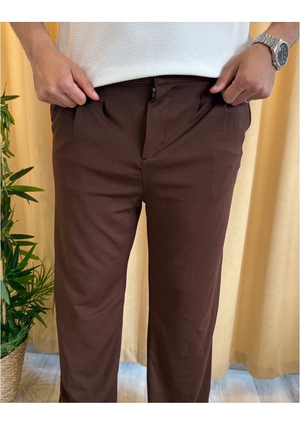 Kahve Poliviskon Çift Pileli Kumaş Pantolon modelleri