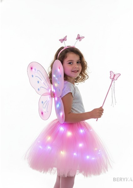 2-10 Yaş Kız Çocuk LED Işıklı Kelebek Kanat Peri Kostüm Seti