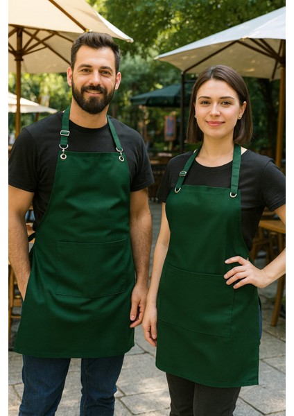 Gabardin Kumaş Ayarlanabilir Askılı Yeşil Garson – Barista – Şef Önlüğü (Paslanmaz Metal Aksamlı)