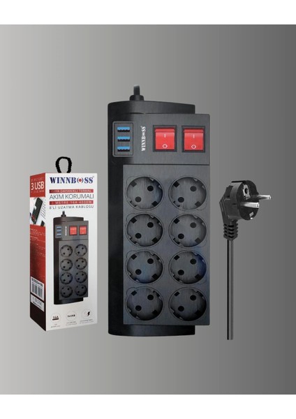 Isıya Dayanıklı Termal Akım Korumalı 8'li Priz ve 3 USB Girişli Uzatma Kablosu indirimleri