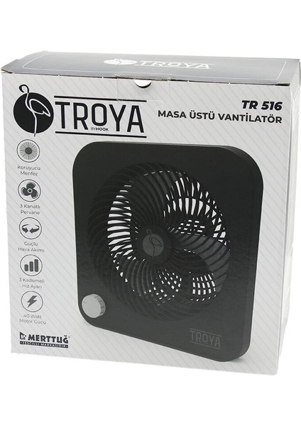 Masa Üstü Vantilatör FAN=22CM 3 Kademe Hız 40W 3 Pervane Siyah PLS.STAND=28X27X13CM TR-516 (5047)