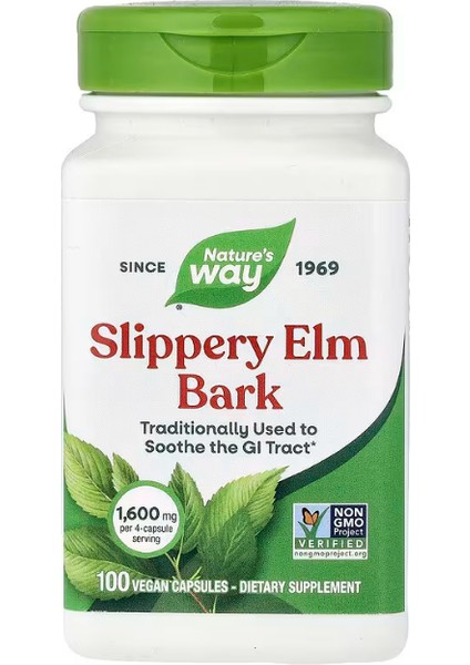 Nature's Way, Slippery Elm Bark, 1,600 Mg, 100 Vegan Capsules.made In Usa