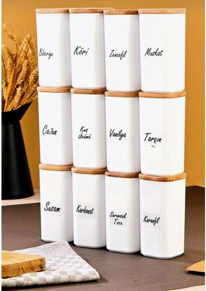 12'li Etiketli 300 ml Bambu Ahşap Kapaklı Akrilik Mika Baharatlık Saklama Kabı - Vakumlu Sızdırmaz