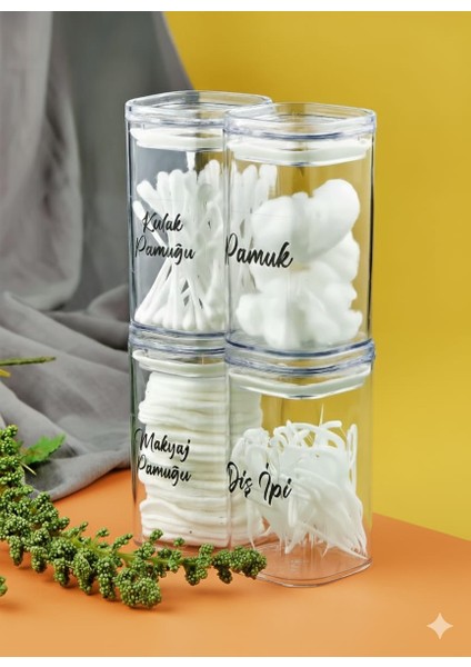 4'lü Akrilik Kulak Pamuğu & Pamuk & Makyaj Pamuğu & Diş Ipi Organizeri 300 ml Banyo Seti