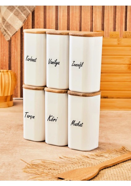 6'lı Hediye Etiketli Ahşap Bambu Kapaklı 300 ml Mika Saklama Kabı Baharatlık