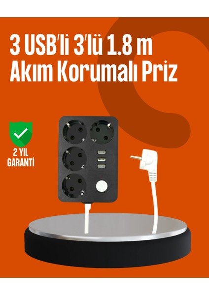 Akım Korumalı 3 USB Portlu 4’lü Priz 4.1A Hızlı Şarj